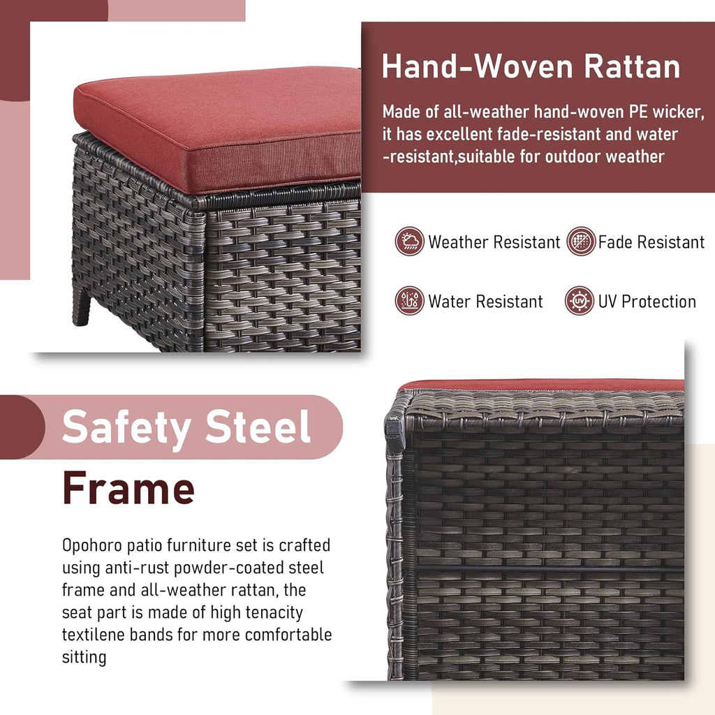 Outdoor Ottoman Set of 2 - PE Wicker Rattan Ottoman Patio Footstool for Deck Porch Balcony Garden - Grey/Red