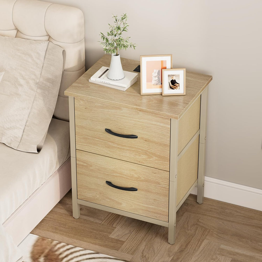 Vagusicc Nightstand Set of 2 with Charging Station, End Table Bedside Table with Power Outlet & USB Ports, Side Table with 2 Fabric Drawers for Bedroom, Living Room, Natural