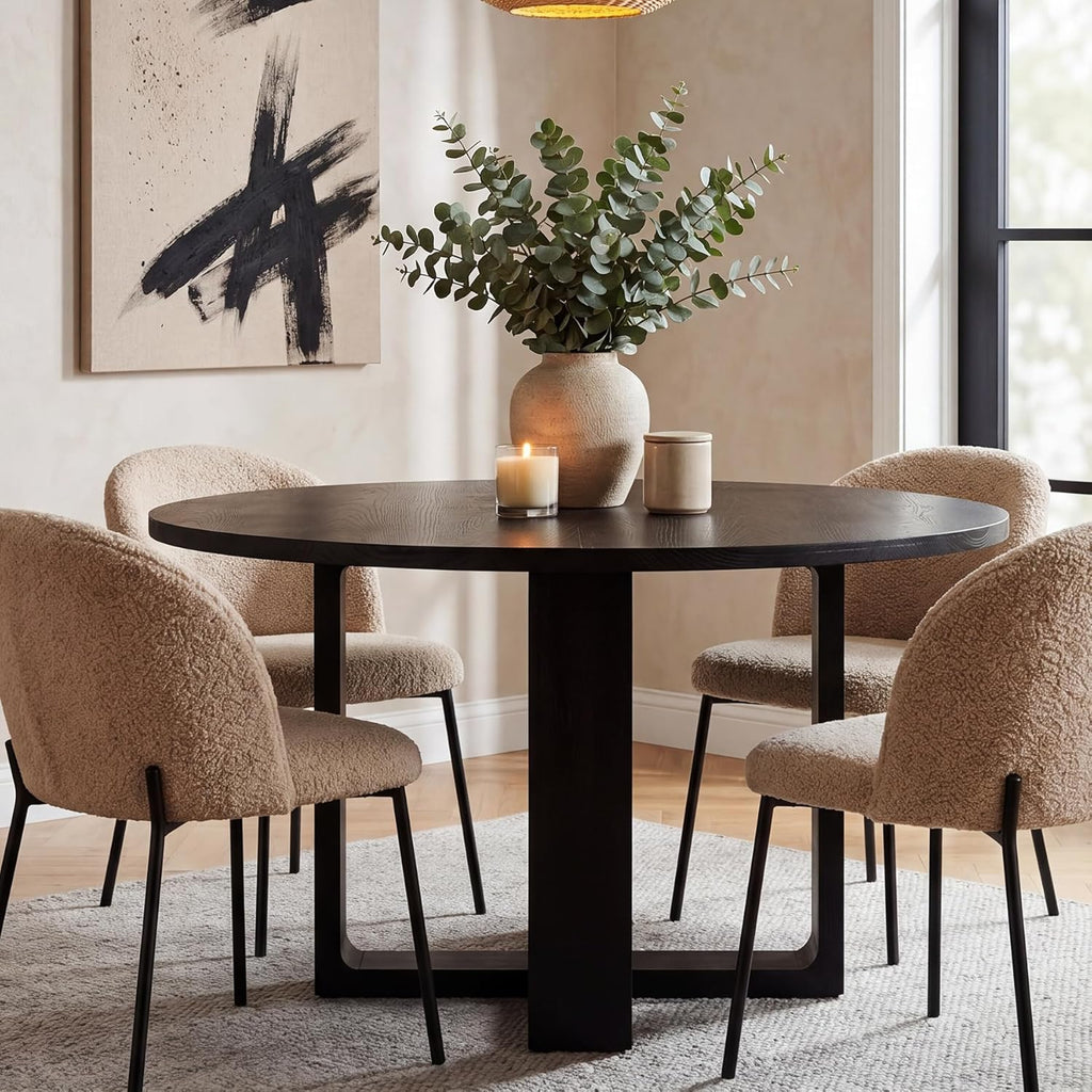 47.24" Black Round Dining Table for 4–6 People, Solid Wood Kitchen Table with 1.18" Thick Wooden Tabletop & Stable Cross-Shaped Base for Dining Room, Pure Black