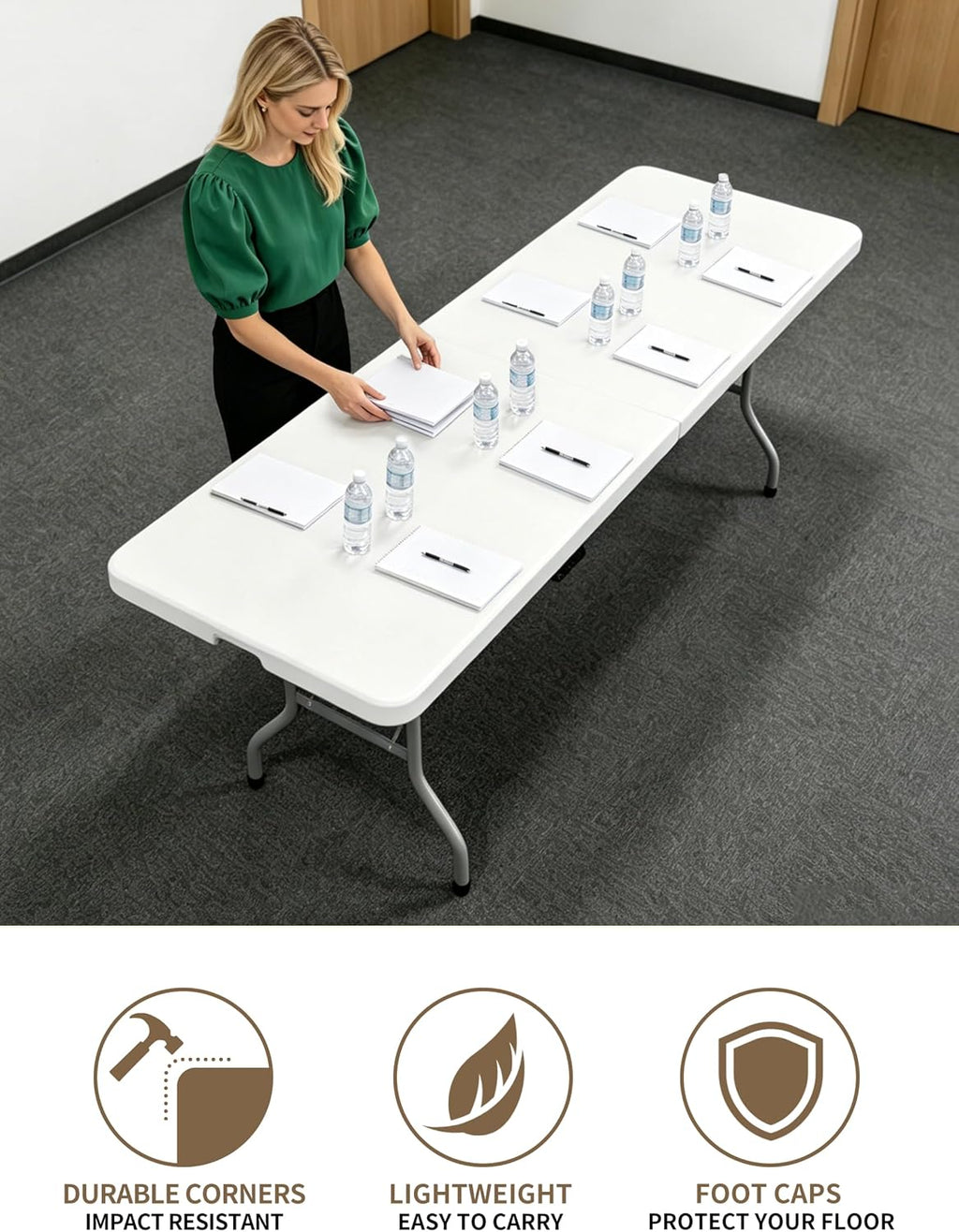 8ft Folding Table, Heavy Duty White Large Portable Foldable Table | Plastic 8 foot folding table seats 8. Rectangular with carrying handle. Indoor outdoor camping, picnic, party and banquet