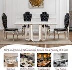 70'' Faux Marble Dining Table for 6-8, Modern Dining Room Table with Mirrored Stainless Steel Base, Suitable for Kitchen, Restaurant, Office, MDF Finish-White Silver