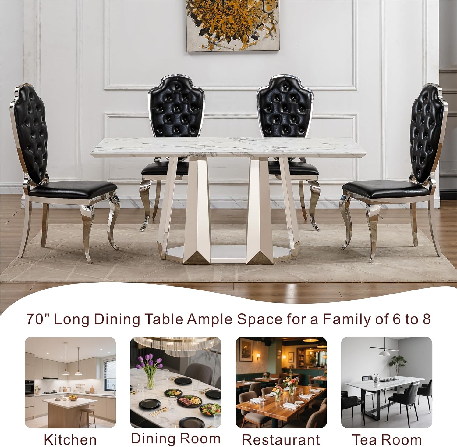 70'' Faux Marble Dining Table for 6-8, Modern Dining Room Table with Mirrored Stainless Steel Base, Suitable for Kitchen, Restaurant, Office, MDF Finish-White Silver