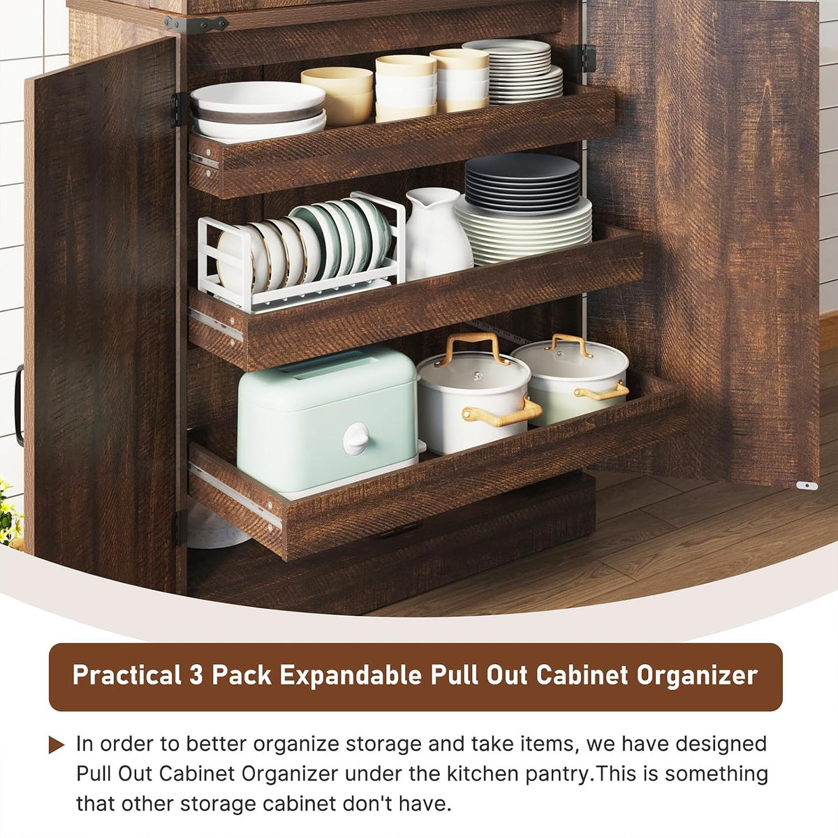Hlivelood Farmhouse Kitchen Pantry Cabinet with 3 Drawers,71" Tall Rustic Wood Storage Cabinet with 6 Door Shelves,with Load-Bearing Steel Pipe,Pantry Organizers for Kitchen,Dining Room(Rustic Brown)