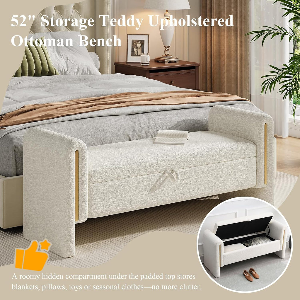 Storage Ottoman Bench, End of Bed Bench with Pull-Ring | 52" Teddy Upholstered, Window Bench with Armrest, Generous Storage, Safety Hinge, Holds 300 LBS, for Bedroom, Cream