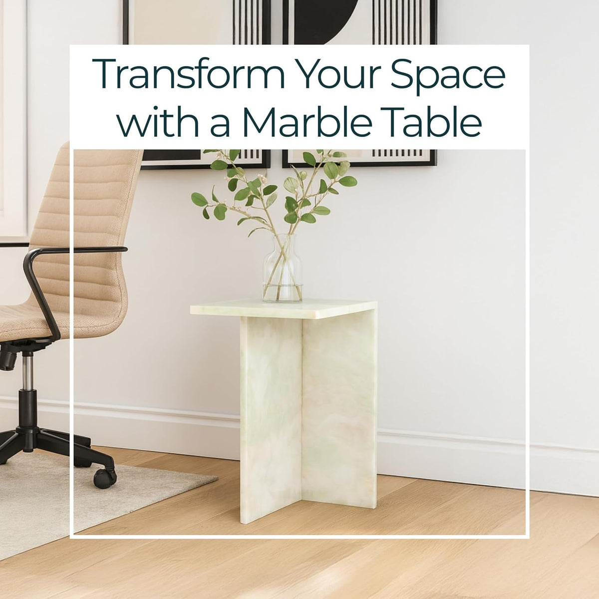 Elegant Boho Glam Accent Table with Stylish Modern Design – Solid Marble Stone Square Side Table for Living Room, Bedroom, Office, & Home Decor – 13 x 20 Inches