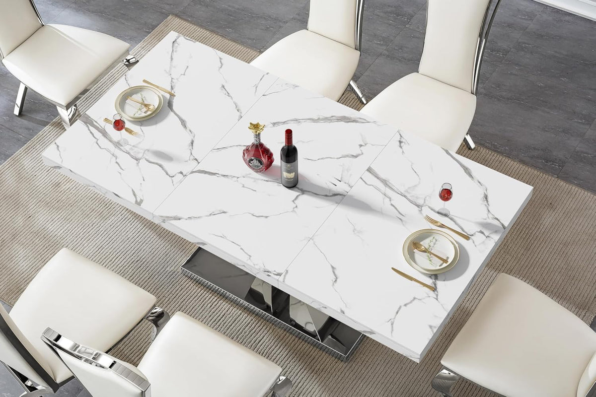Henf Luxury Marble Dining Table for 6-8 Rectangular 70" Faux Marble Kitchen Table with Silver Mirrored Stainless Steel Base,White Faux Marble Large Long Pedestal Table (Table Only)