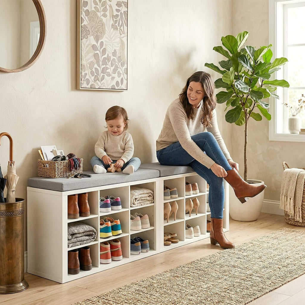 ITEFDTUTNE Shoe Rack Bench, 18 Cubbies Shoe Storage Bench with Cushion, 59" | Entryway Bench with Shoe Storage, Widened Organizer Cabinet for Entryway Hallway Bedroom Living Room, Holds Up to 400lbs