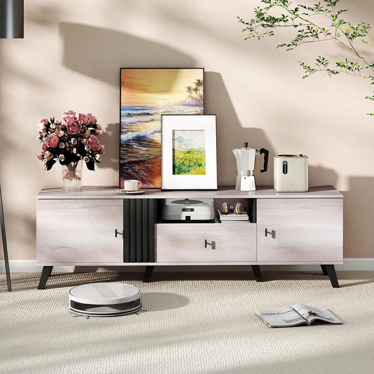 GIANTEX Mid Century Modern TV Stand for 65-80 Inch TV, Large Entertainment Center with Storage Drawer, 2 Side Cabinet &Open Shelf, Wood TV Console Table for Bedroom, Living Room