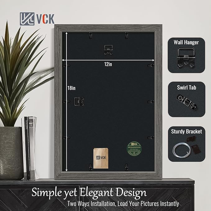 VCK 12x18 Poster Frame Set of 4 - Grey, Gallery-Quality Wood Picture Frames, 1.1-Inch Wide Border, Polished Plexiglass, Vertical or Horizontal Wall Display for Photo/Art/Prints, Grey