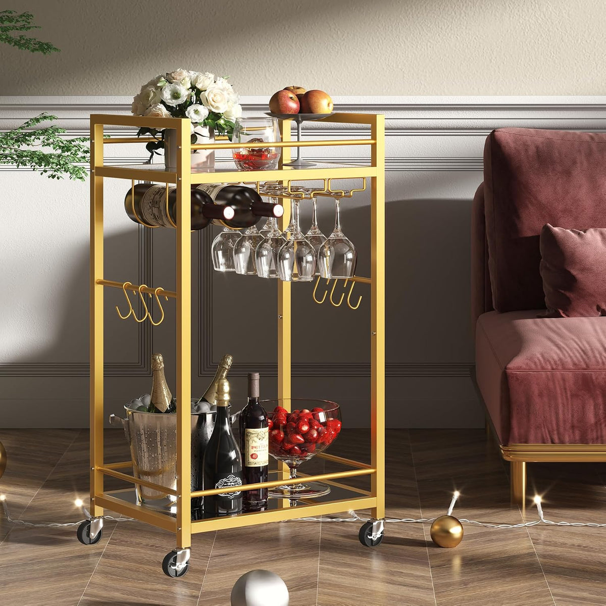 TUTOTAK Gold Bar Cart with 2 Mirrored Shelves, Wine Rack & Glass Holder | 2-Tier 17 Inch Wide Home Bar Serving Carts, Small Mobile Kitchen Shelf with 6 Hooks, Gold BC01BB031M