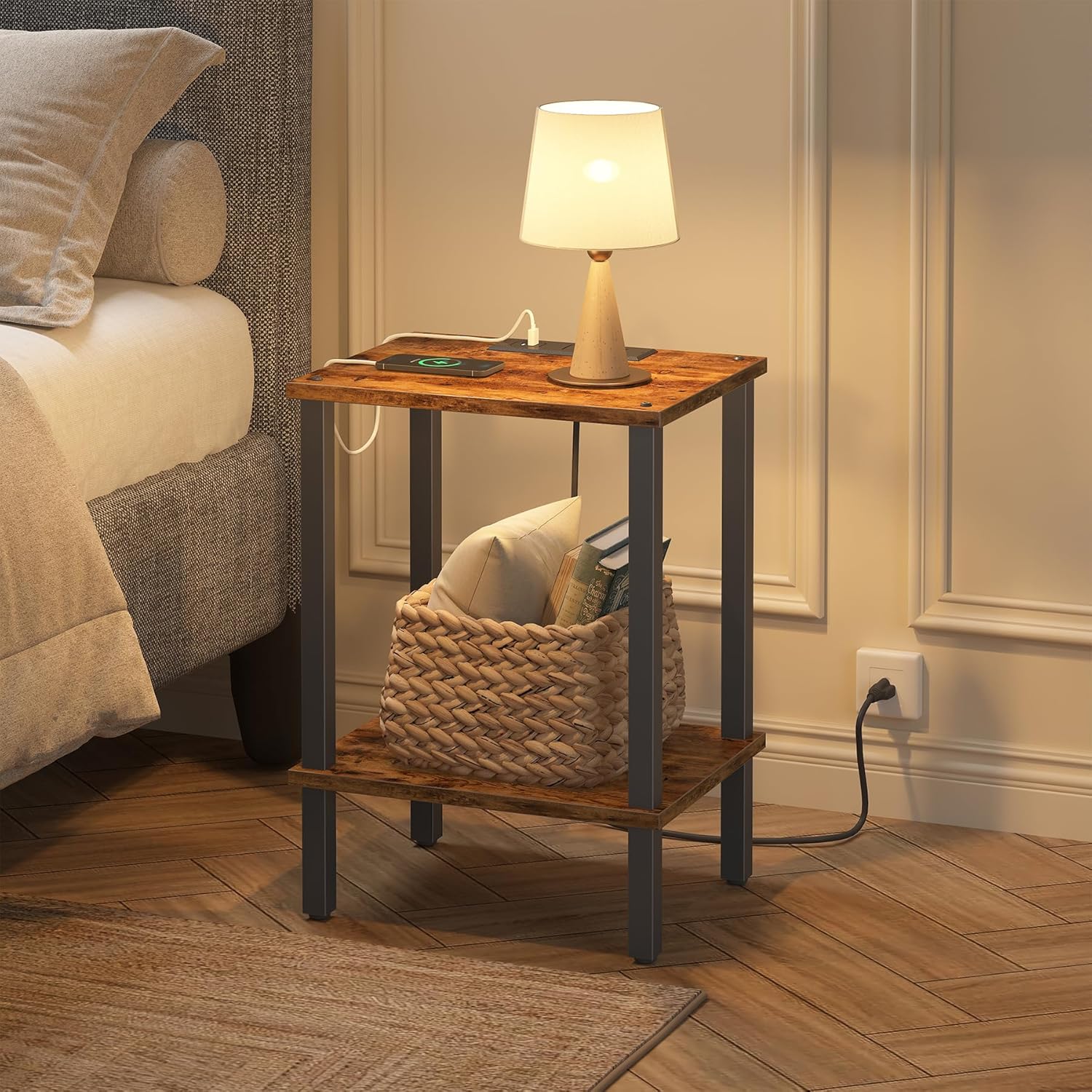 TUTOTAK End Table with Charging Station, Side Table Set of 2, Nightstand