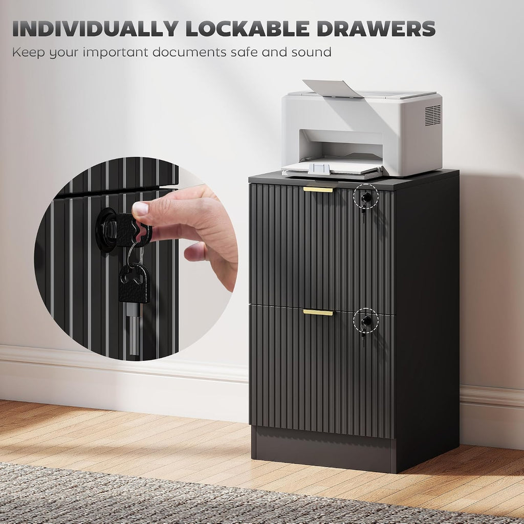 HOMCOM 2 Drawer File Cabinet Fluted Vertical with Lock Printer Stand Black | Adjustable Hanging Rails, for A4 Letter Size Files, with Storage