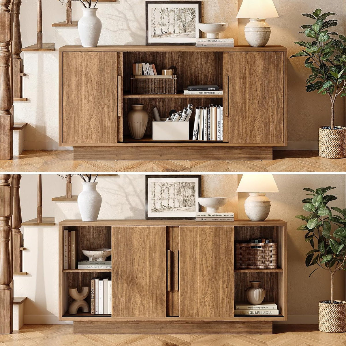 ModernMate 63'' Sideboard Buffet Cabinet with 4 Sliding Doors, Wood Credenza Storage Cabinet with Pedestal Base, Large Side Board with Adjustable Shelf for Living Room, Kitchen, Hallway, Walnut