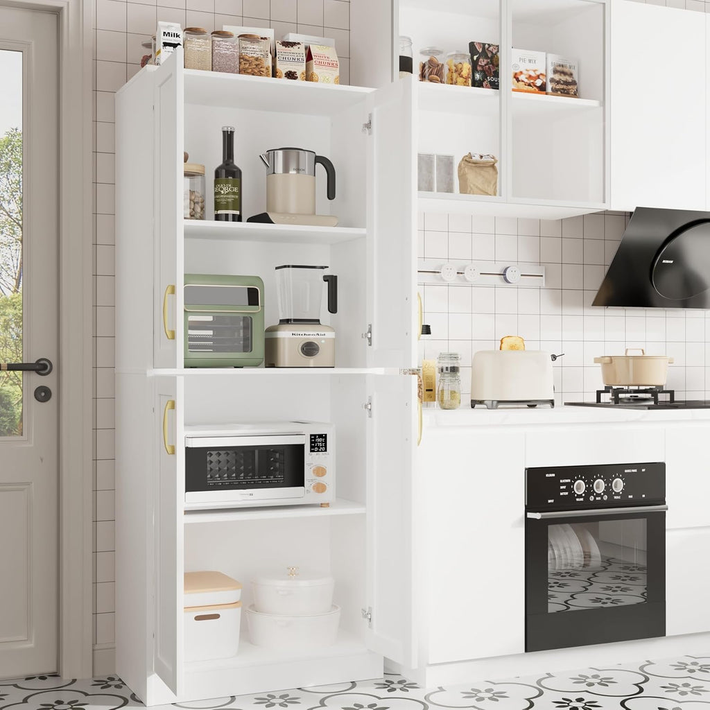 Kitchen Pantry Cabinet,Modern Storage Cabinet with 4 Door and 4 Adjustable Shelves,Tall Cabinet for Kitchen,Dining Room,Laundry,White