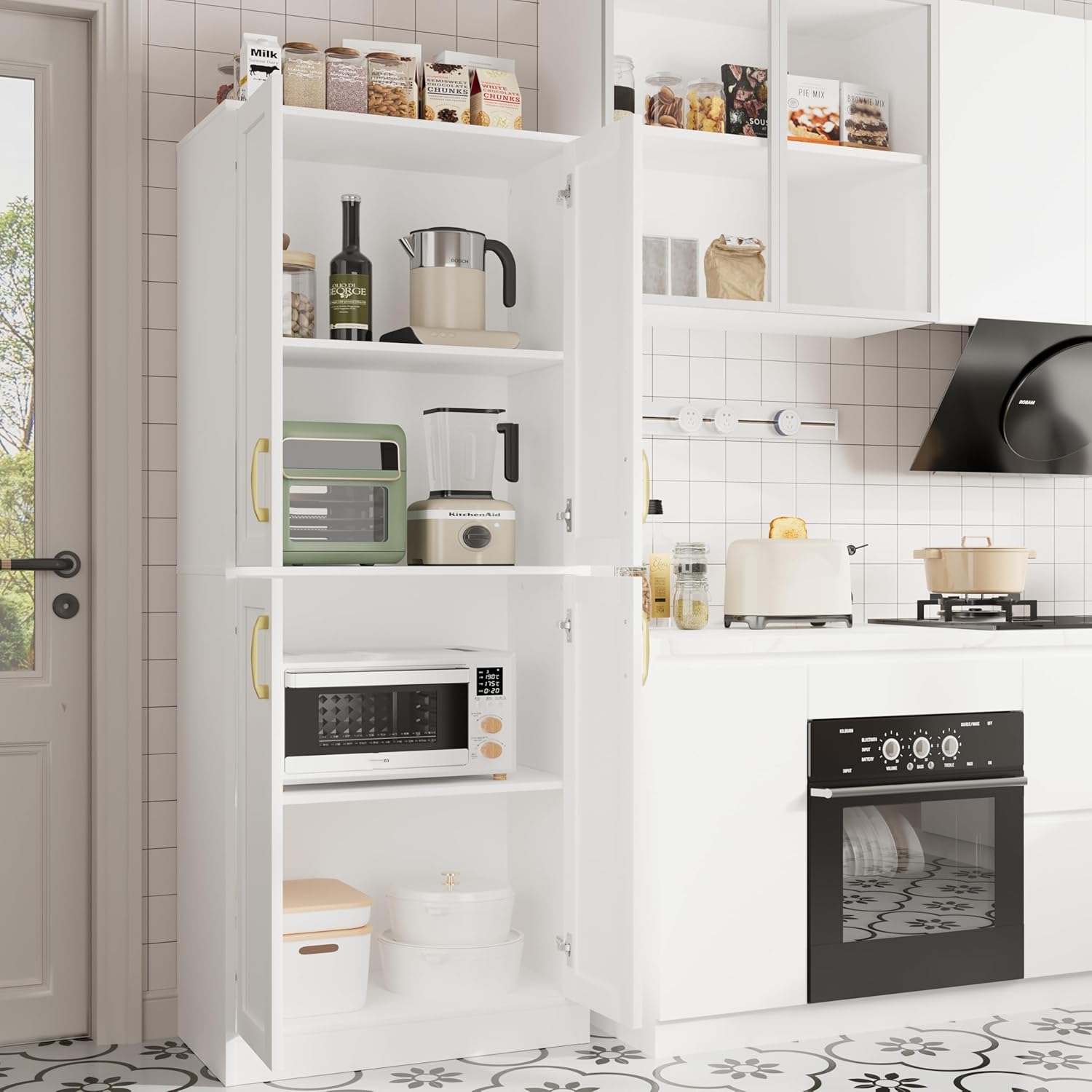 Kitchen Pantry Cabinet,Modern Storage Cabinet with 4 Door and 4 Adjustable Shelves,Tall Cabinet for Kitchen,Dining Room,Laundry,White