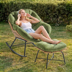 Papasan Rocking Chair with Ottoman, Oversized Papasan Chair, Olive Green | Indoor & Outdoor Rocker Chair with Padded Cushion for Living Room, Patio, Garden