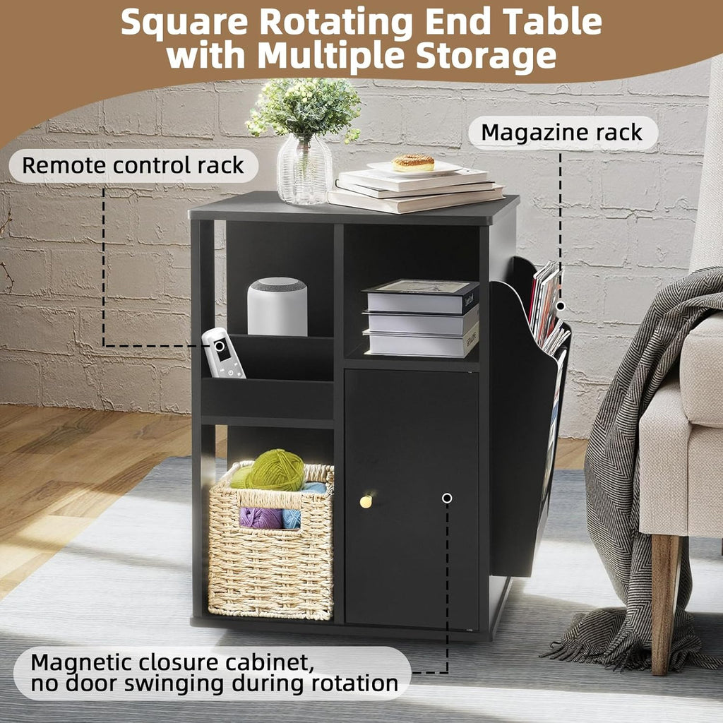 TooCust Rotating End Table with Storage, Square Rotating Side Table Living Room, Side Table with Magazine Holder, Basket and Cabinet, Swivel End Table with Multiple Storage (Black)