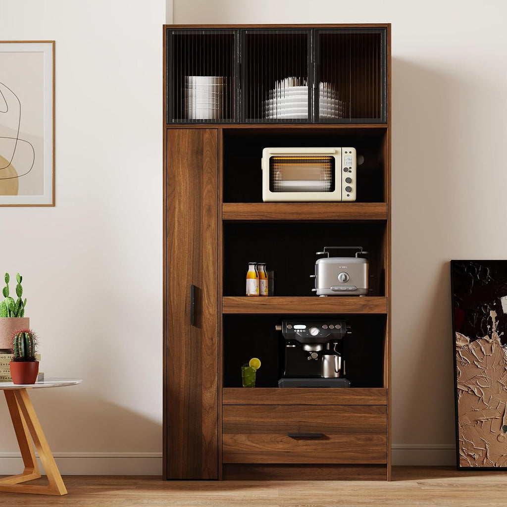 Tall Kitchen Pantry Cabinet with Microwave Stand, Walnut Coffee Bar Cabinet with Drawer, Pull-Out Storage Shelves and Aluminum Frame Glass Doors, Freestanding Food Hutch for Kitchen and Dining Room