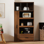 Tall Kitchen Pantry Cabinet with Microwave Stand, Walnut Coffee Bar Cabinet with Drawer, Pull-Out Storage Shelves and Aluminum Frame Glass Doors, Freestanding Food Hutch for Kitchen and Dining Room