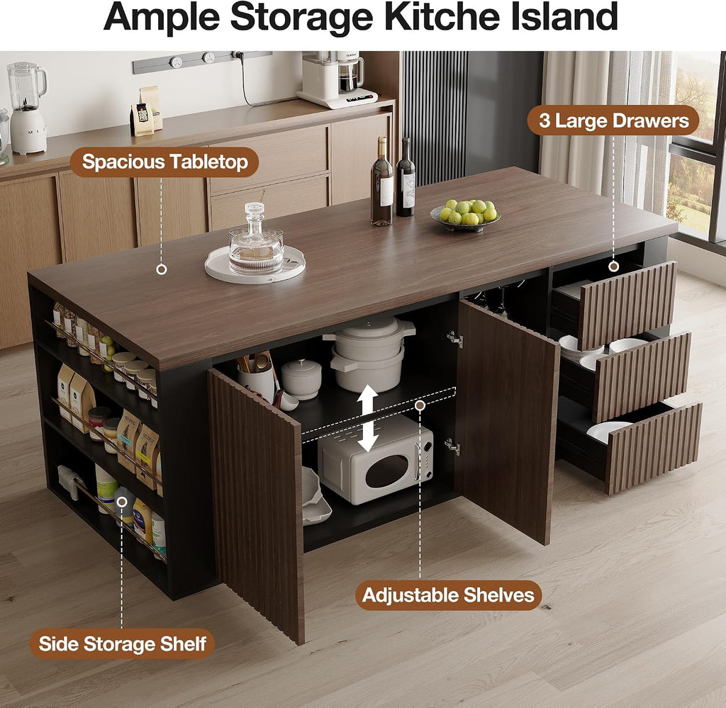 71" Kitchen Island with 3 Drawers, Wine Rack & Side Storage,Walnut | Dual-door cabinet, adjustable shelves. Glass holders & side rack for storage. Durable, wear-resistant top. Fits dining & prep