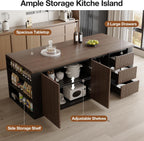 71" Kitchen Island with 3 Drawers, Wine Rack & Side Storage,Walnut | Dual-door cabinet, adjustable shelves. Glass holders & side rack for storage. Durable, wear-resistant top. Fits dining & prep