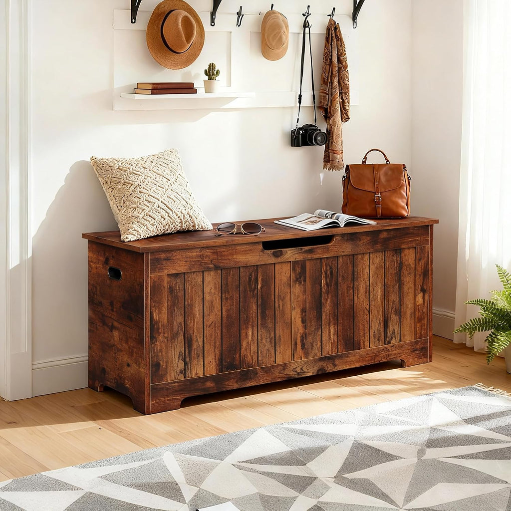 SUPER DEAL Storage Chest, 39 inches Chest Box Organizer with 2 Safety Hinges, Wooden Entryway Shoe Organizer Storage Bench, Rustic Brown