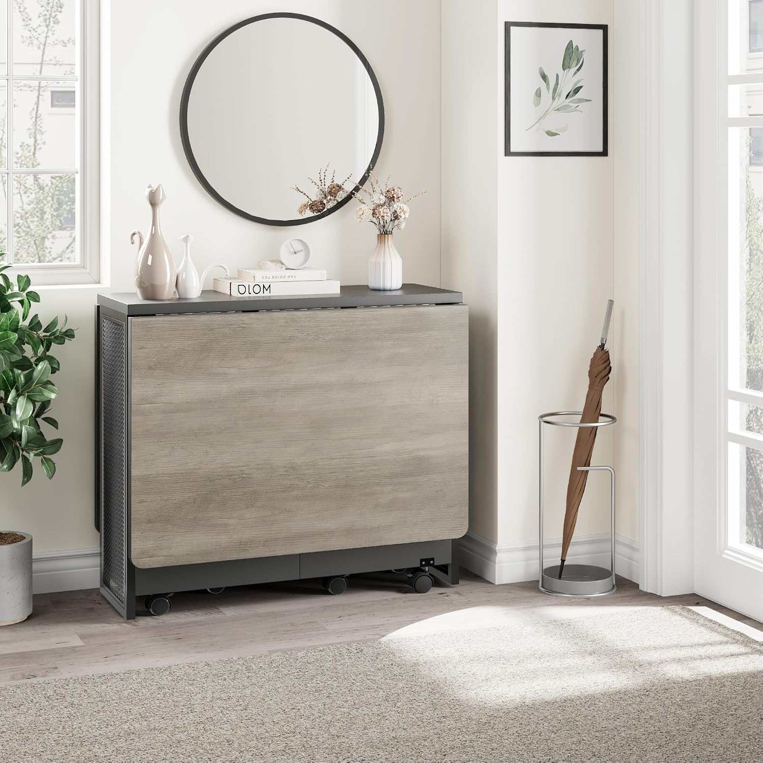IDEALHOUSE FoldingTable, Drop Leaf Dining Table with 6 Wheels and 2-Layer Storage Shelf, Space Saving Table for Small Spaces (Slate Oak, 50.1" D x 31.4" W x 29.5" H)