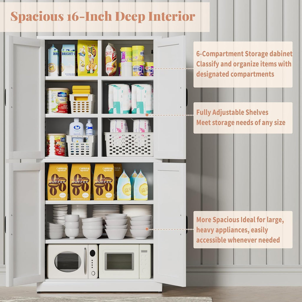White Steel Kitchen Pantry Storage Cabinet with Barn Doors and Adjustable Shelves, Metal Farmhouse Cabinets for Living Room, Bathroom, Heavy Duty Rustic Pantry