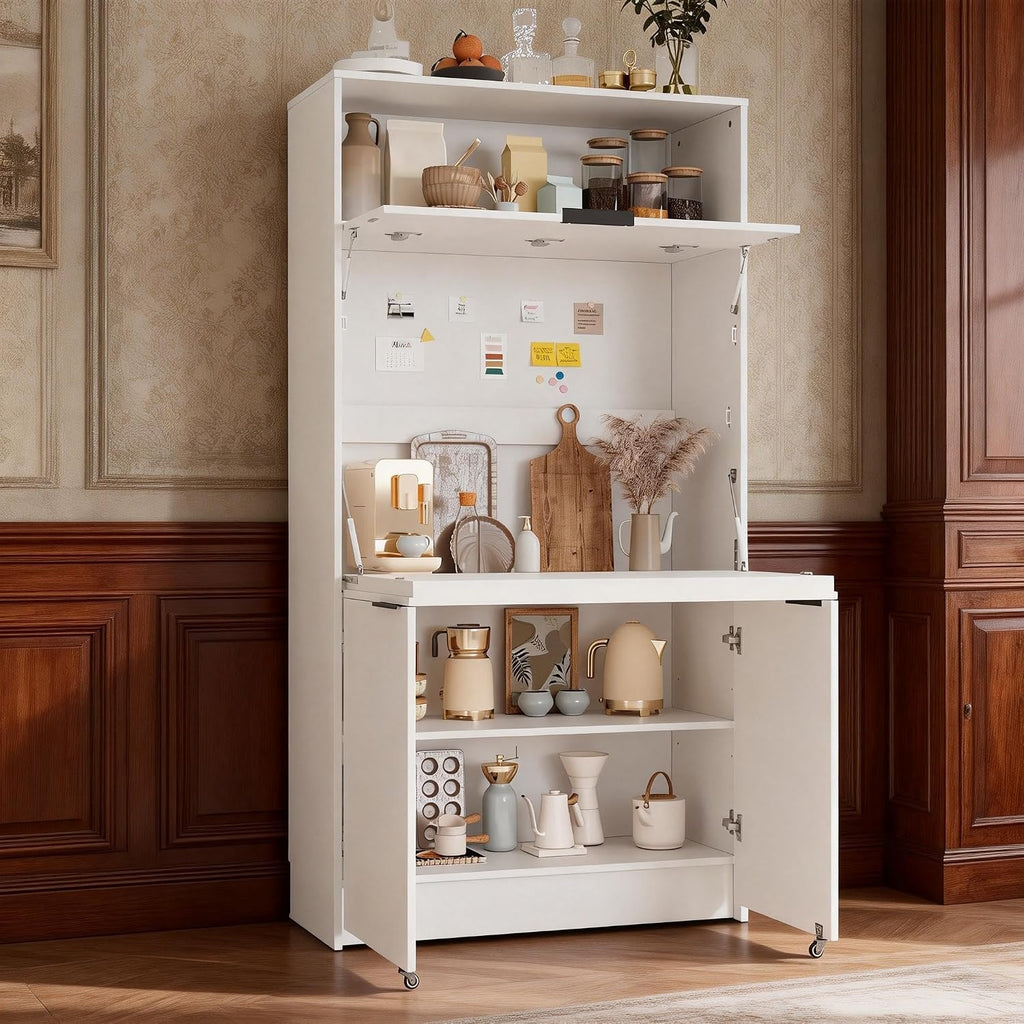 Pantry Cabinet with Hutch and Foldable Workstation, Multifunctional Wood Cupboard with Adjustable Shelf and Power Outlet for Dining, Living Room (White)