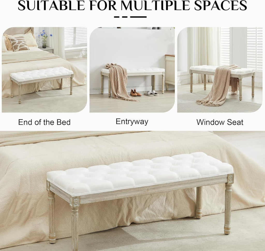 LOULENS 43.9" Linen Fabric End of Bed Bench, Vintage French Upholstered Button Tufted Entry Bench, Window Seat with Carved Wood Legs for Bedroom, Living Room, Entryway, Foyer, Hallway, White