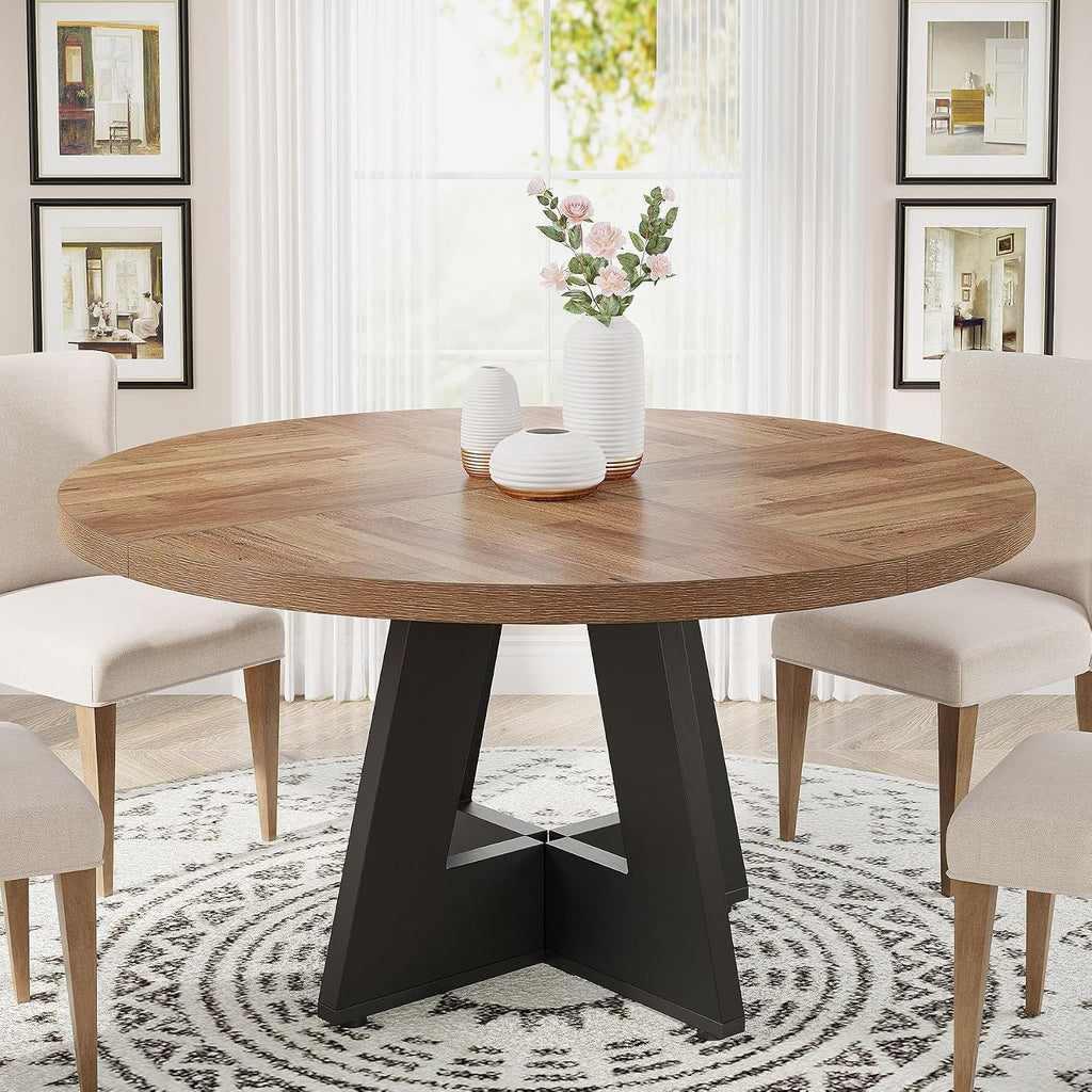 Tribesigns 47 inch Round Dining Table Wood Kitchen Table for Dining Room, 47" Dinner Room Tables for 4-6, Farmhouse Accent Furniture with Wooden Tabletop and Cross Base, Brown+Black