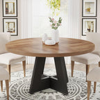 Tribesigns 47 inch Round Dining Table Wood Kitchen Table for Dining Room, 47" Dinner Room Tables for 4-6, Farmhouse Accent Furniture with Wooden Tabletop and Cross Base, Brown+Black