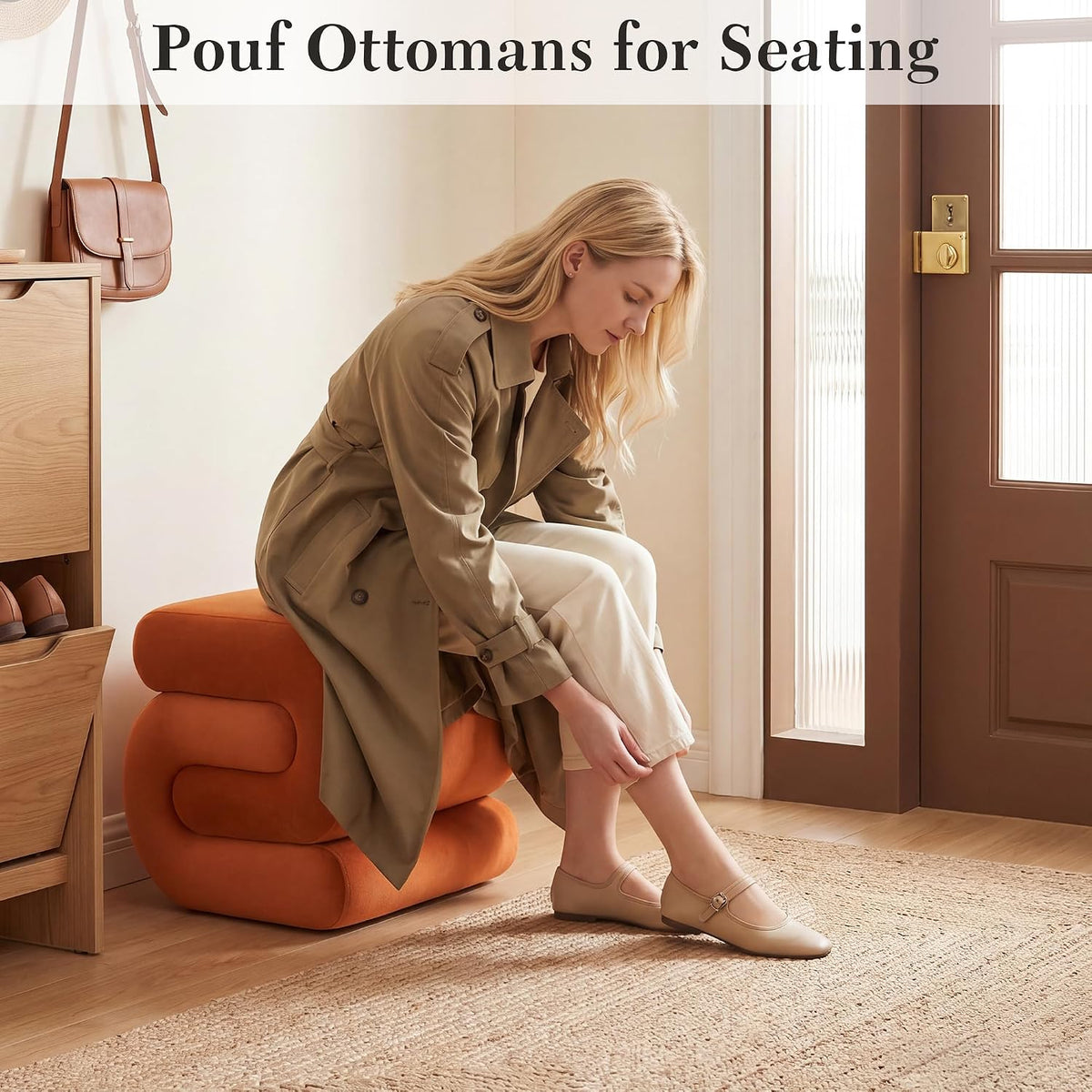FOXHUNTER S Shape Modern Pouf Ottoman Vanity Stool, Velvet Orange | Footstool with Sponge Filling, No Assembly Required, Soft Shoe Stool, for Makeup Room Living Room Bedroom Entrance