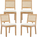 ODUSE-DAILY French Country Rattan Dining Chairs Set of 4, Beige Farmhouse Kitchen & Dining Room Chairs, Wood Dining Chair with Cane Back & Linen Upholstered Seat, Solid Wood Frame
