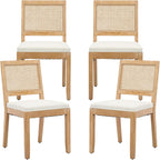 ODUSE-DAILY French Country Rattan Dining Chairs Set of 4, Beige Farmhouse Kitchen & Dining Room Chairs, Wood Dining Chair with Cane Back & Linen Upholstered Seat, Solid Wood Frame