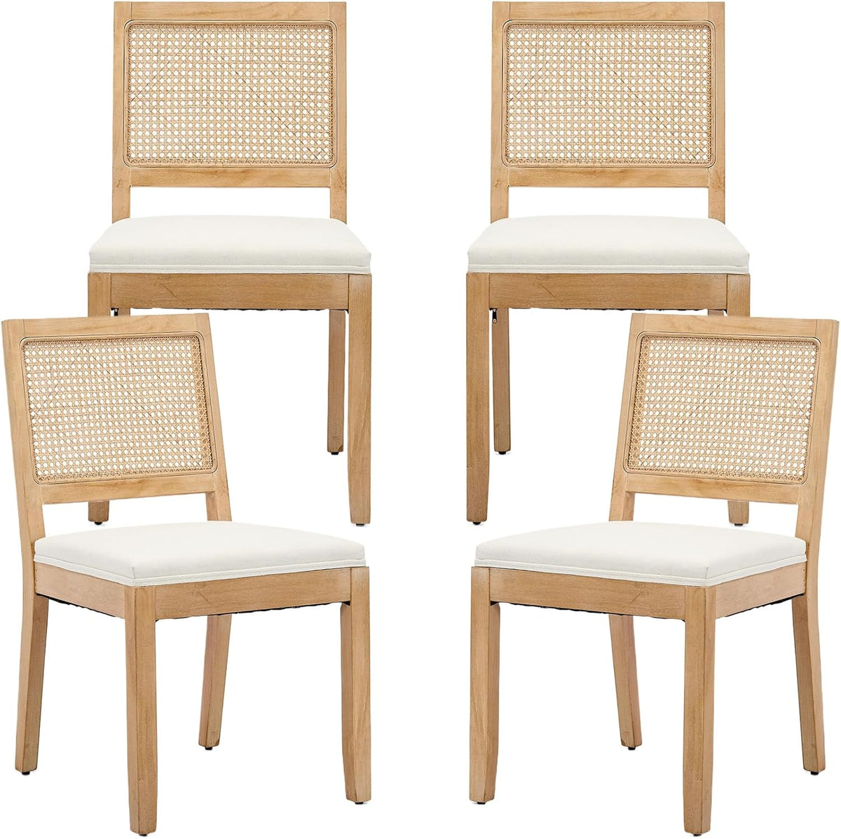 ODUSE-DAILY French Country Rattan Dining Chairs Set of 4, Beige Farmhouse Kitchen & Dining Room Chairs, Wood Dining Chair with Cane Back & Linen Upholstered Seat, Solid Wood Frame