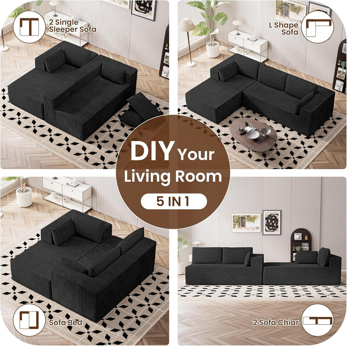 106" Cloud Sectional Couches for Living Room, Modular L Shaped Couch with Deep Seat Oversized Left Facing Chaise, Memory Foam Compressed Spineless 3 Seater Sofa for Bedroom Apartment, Black