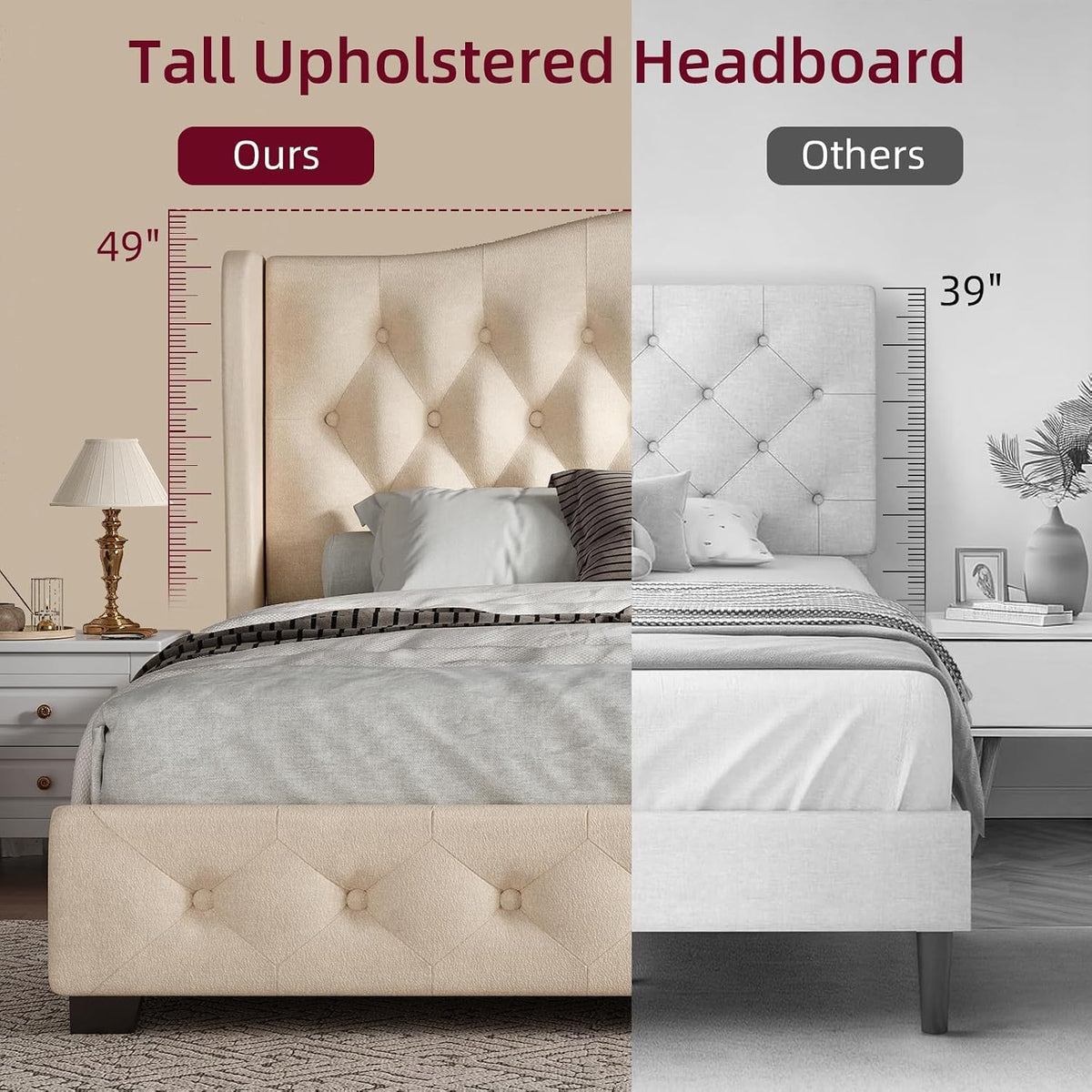 HOMBCK King Bed Frame with 49" Headboard, Velvet Upholstere King Size Bed Frame with Button Tufted Wingback Design, Traditional Retro Style, Low Profile, Strong Structure, No Box Spring Needed, Beige