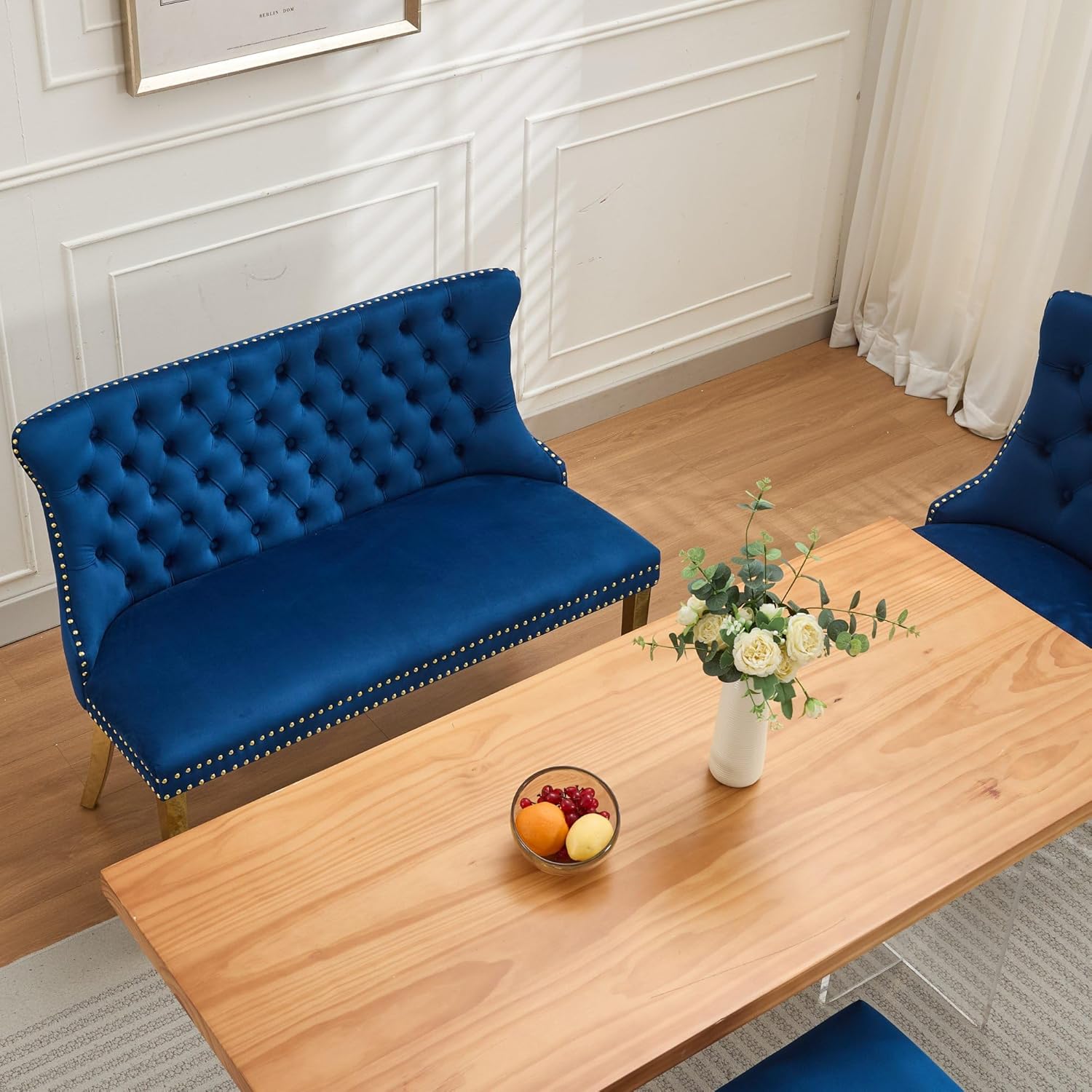 KEIKI Velvet Tufted Loveseat Bench, Double Dining Room Chairs, 2-Seat Tufted Seat with Nailhead Trim Chairs with Gold Plated Steel Legs and Padded Seat, Blue