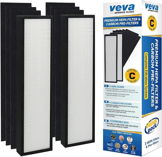 Veva 2 HEPA Air Filters & 6 Carbon Pre-Filters Replacement Filter C Compatible with Germguardian FLT5000/FLT5111 FLT5250PT, AC5000, AC5000E, AC5250PT, AC5350B, AC5350BCA, AC5350W, AC5300B