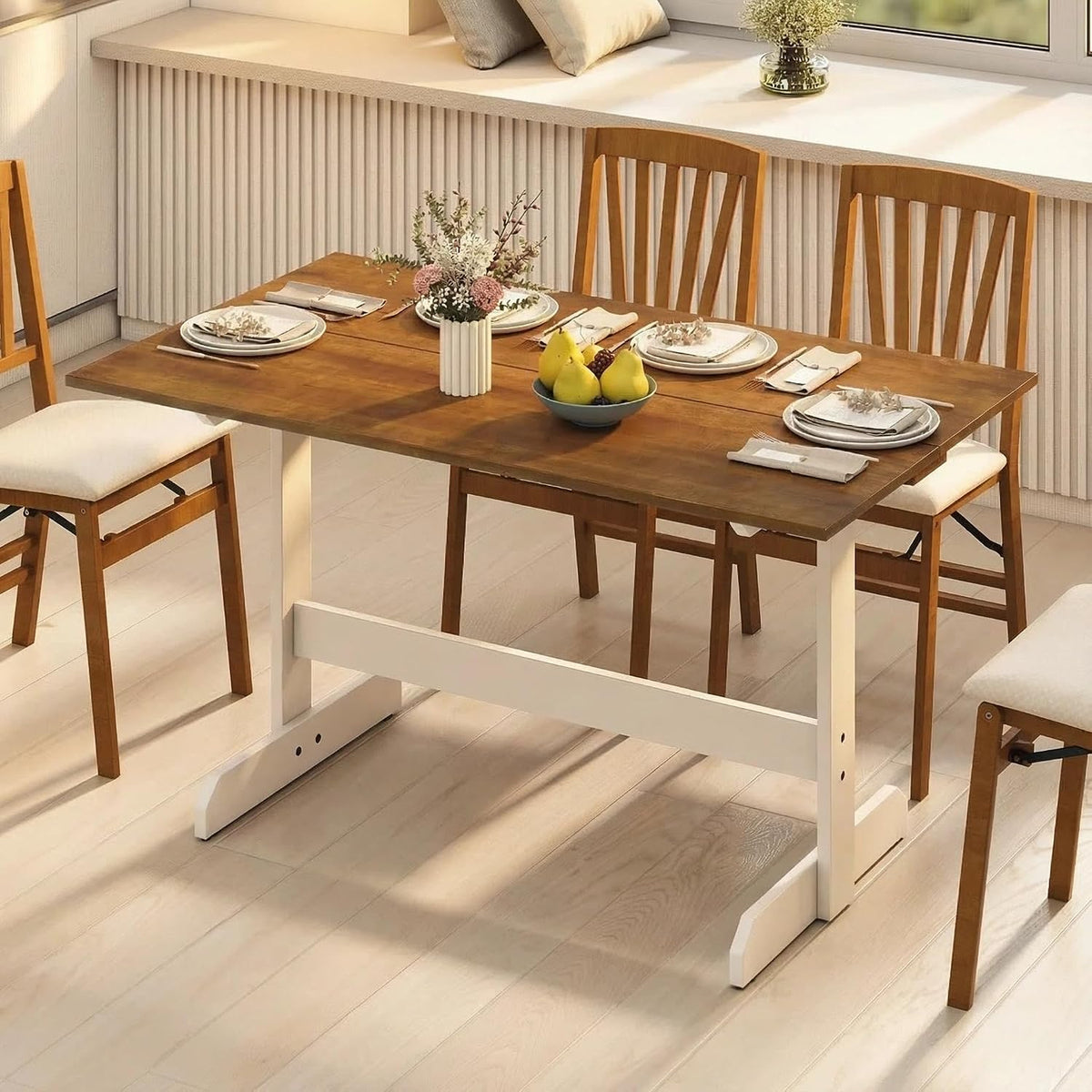 Tangkula 55 Inch Dining Table for 4-6 People, Rectangular Kitchen Table with Solid Wood Trestle Base, Large Farmhouse Modern Diner Table for Home Dining Room Living Room