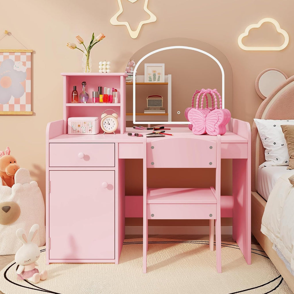 Gizoon Kids Vanity Desk with Mirror and Lights, Pink | Kids Makeup Vanity with 2 Tier Open Shelves Drawer and Cabinet, Todder Vanity Table and Chair Set for Little Girl