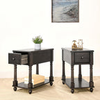 Set of 2 Narrow Open End Table with Drawer, Solid Wood Side Table 2-Tier Skinny Table with Storage Shelves Slim Nightstand Small Sofa End Table for Living Room Bedroom-Antique Black 004BK