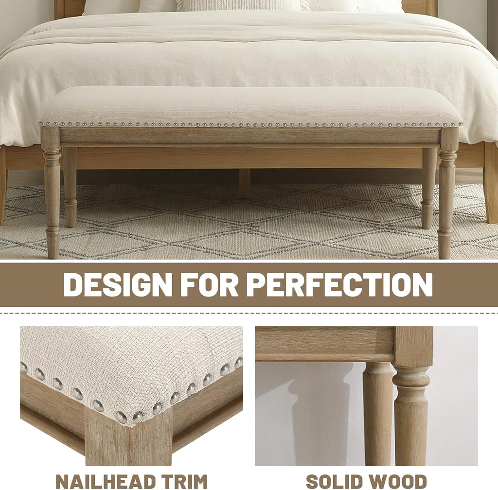 chairus Farmhouse Dining Bench 46" Wooden Entryway Bench with Padded Seat and Nailhead Trim for Kitchen Bedroom,Indoor and Hallway, Beige Linen
