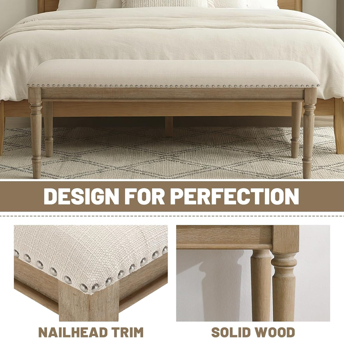 chairus Farmhouse Dining Bench 46" Wooden Entryway Bench with Padded Seat and Nailhead Trim for Kitchen Bedroom,Indoor and Hallway, Beige Linen