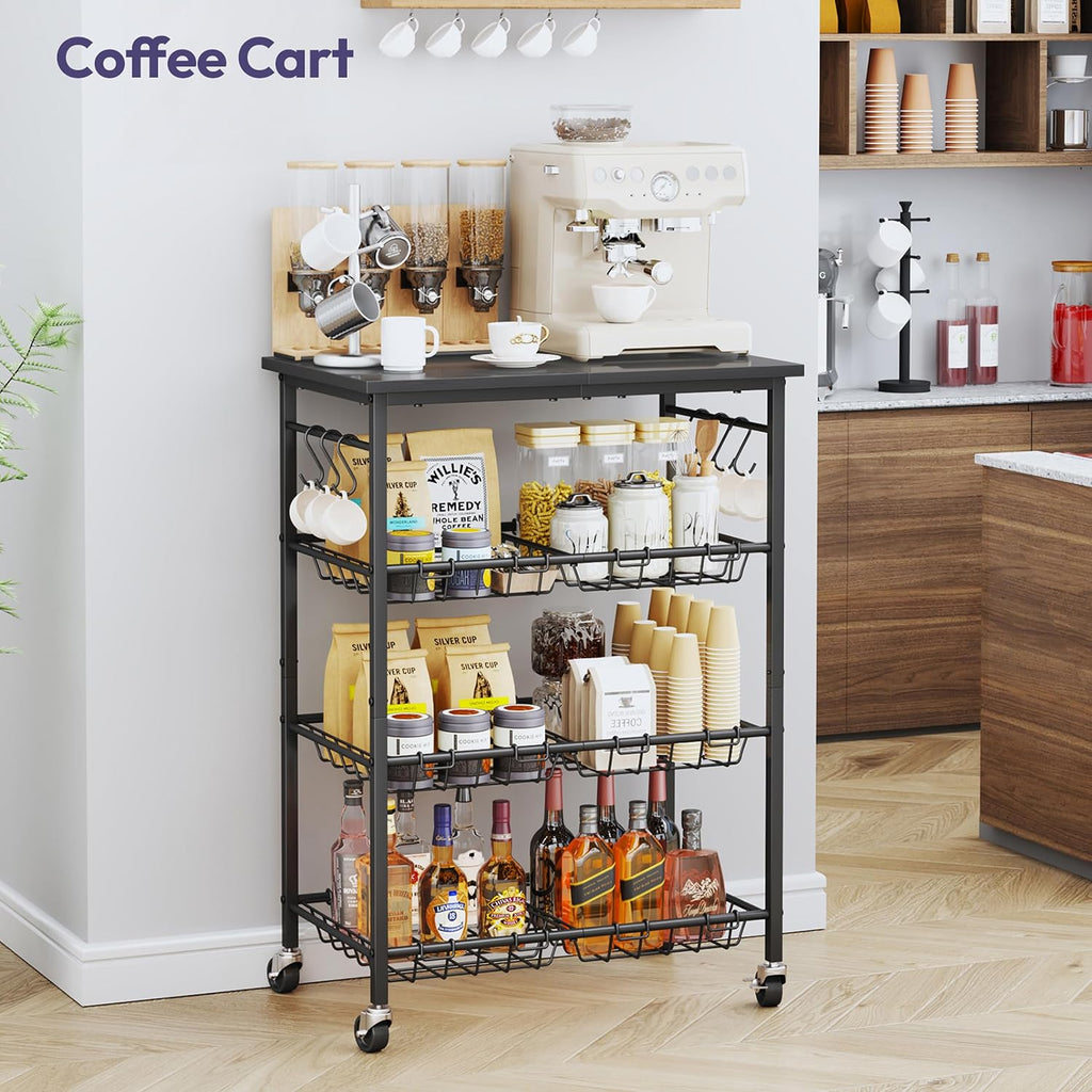 SWTYMIKI 24.4''x15.7'' Rolling Microwave Cart - 4 Tier Microwave Table Stand with 6 Storage Baskets, Coffee Bar with Wheels, Kitchen Utility Cart Shelf Rack Organizer for Vegetables, Potato, Black