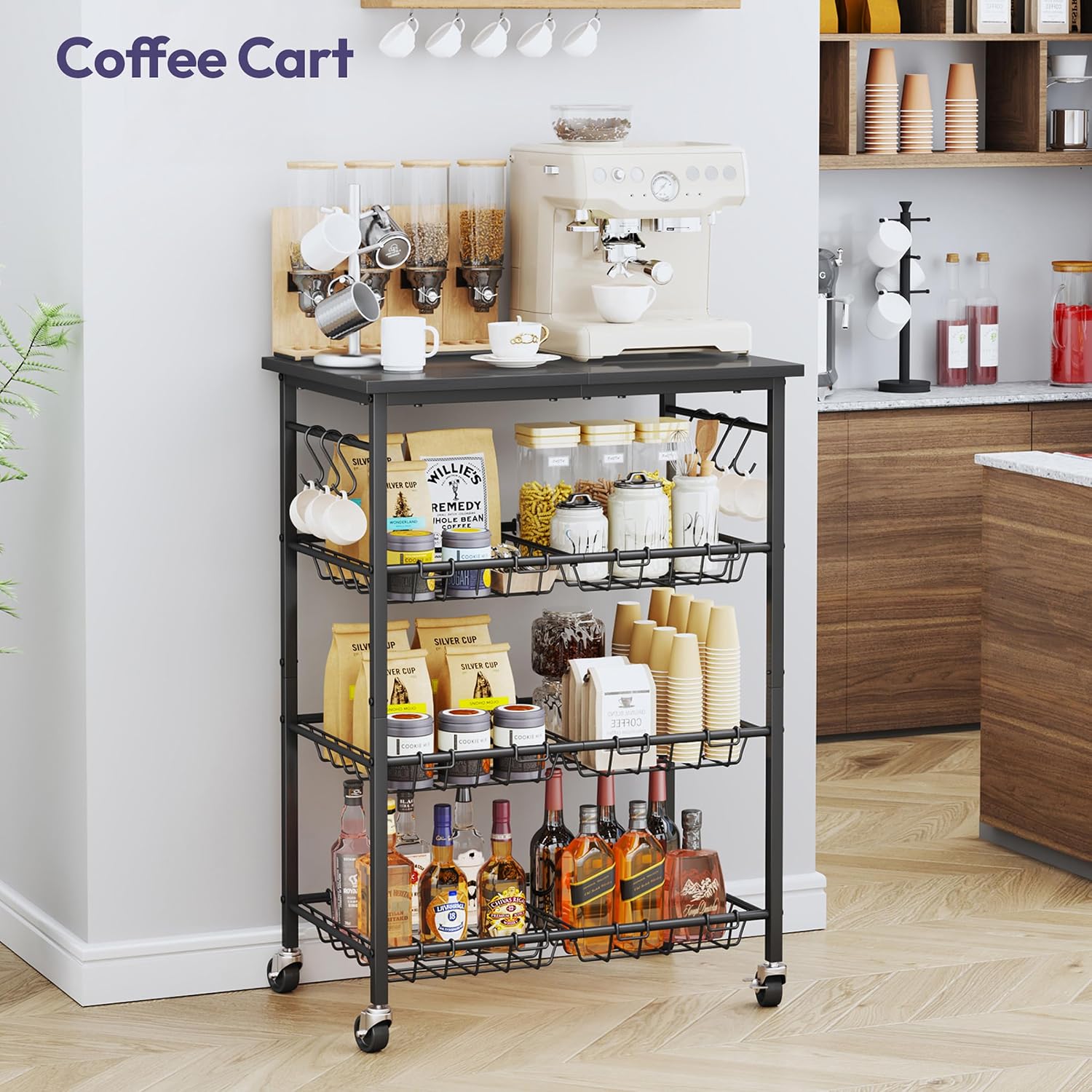 SWTYMIKI 24.4''x15.7'' Rolling Microwave Cart - 4 Tier Microwave Table Stand with 6 Storage Baskets, Coffee Bar with Wheels, Kitchen Utility Cart Shelf Rack Organizer for Vegetables, Potato, Black