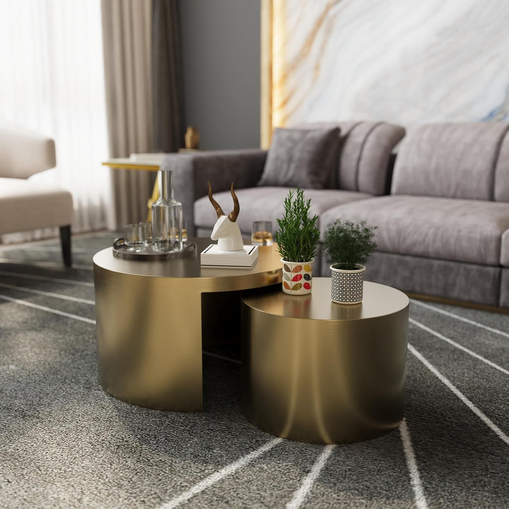 BQueen Round Nesting Coffee Table Set of 2, Brushed Gold Stainless Steel Modern Coffee Tables, 2 in 1 Space Saving Stackable Accent Tables for Living Room, Small Space Apartment
