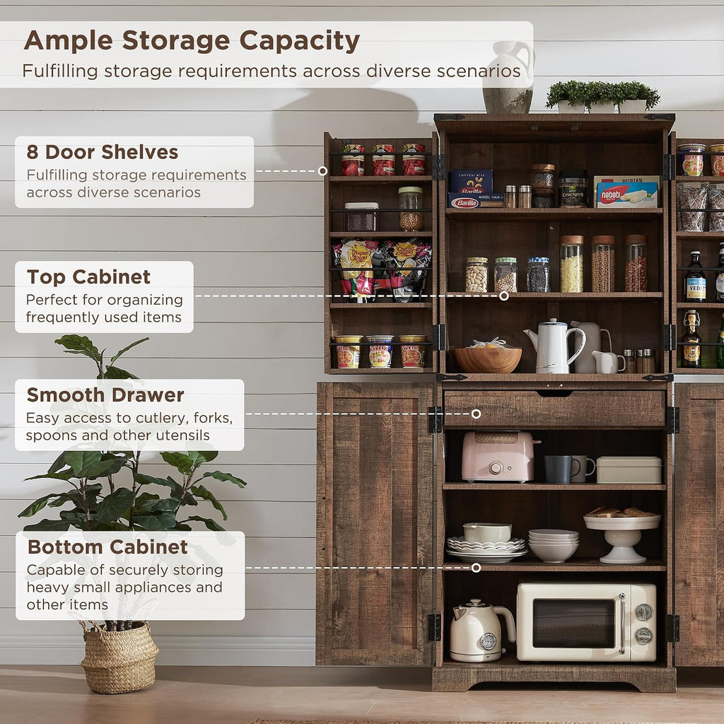 ACCOHOHO 72" Tall Wooden Pantry Storage Cabinet with Door Shelves & Drawer | Farmhouse, Barn Doors, Adjustable Shelves, Freestanding, Anti-tip Kit, for Kitchen, Dining Room, Living Room