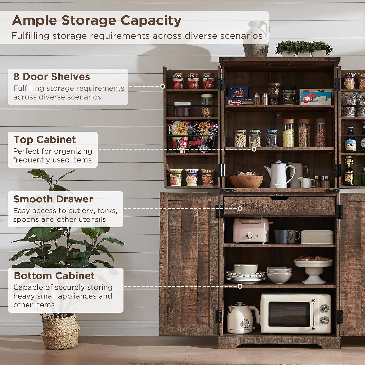 ACCOHOHO 72" Tall Wooden Pantry Storage Cabinet with Door Shelves & Drawer | Farmhouse, Barn Doors, Adjustable Shelves, Freestanding, Anti-tip Kit, for Kitchen, Dining Room, Living Room